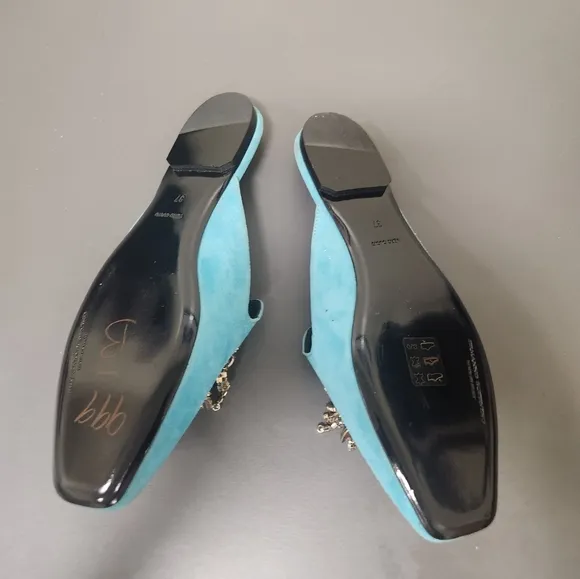Ermanno Scervino Mules Flat Sandals Teal Blue Sz 37/7
