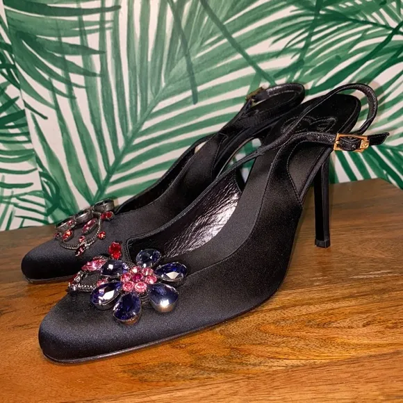 ESCADA Black Silk Rhinestone Slingback Heels Women’s 37/6.5 Italy