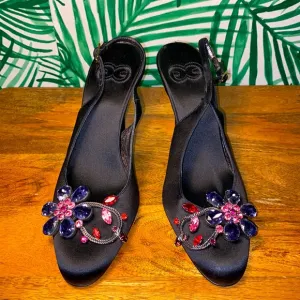 ESCADA Black Silk Rhinestone Slingback Heels Women’s 37/6.5 Italy