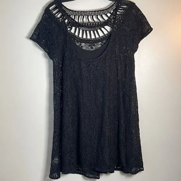EUC Free People Slip Black Knit Crochet Wide Neck Short Sleeve Dress M