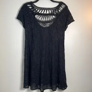 EUC Free People Slip Black Knit Crochet Wide Neck Short Sleeve Dress M