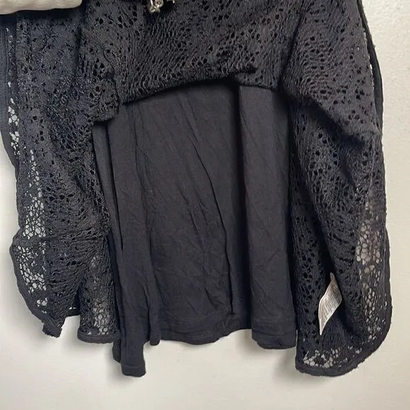 EUC Free People Slip Black Knit Crochet Wide Neck Short Sleeve Dress M