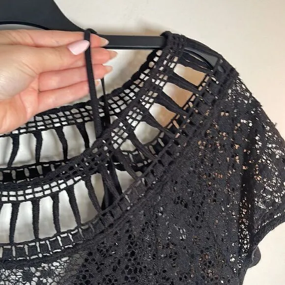 EUC Free People Slip Black Knit Crochet Wide Neck Short Sleeve Dress M