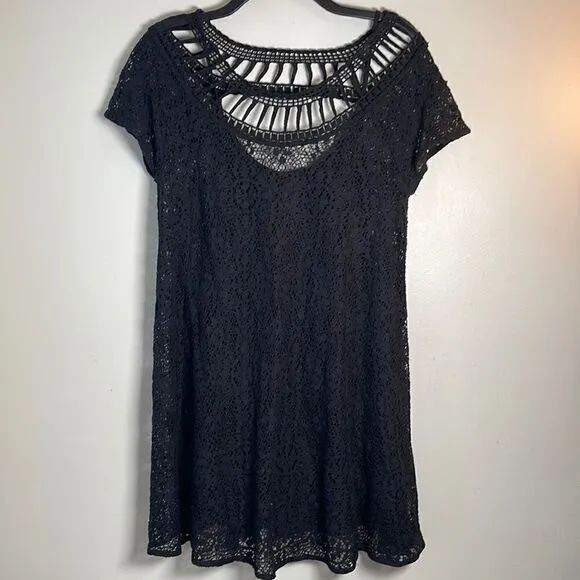 EUC Free People Slip Black Knit Crochet Wide Neck Short Sleeve Dress M