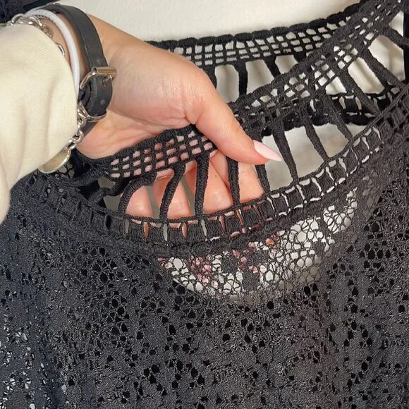 EUC Free People Slip Black Knit Crochet Wide Neck Short Sleeve Dress M