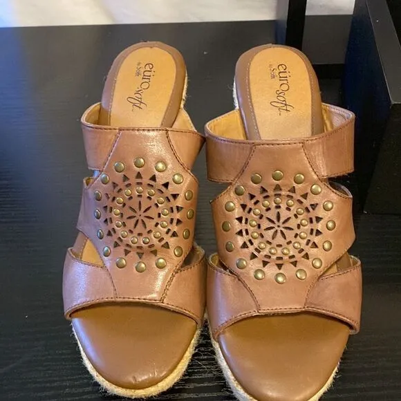 Euro soft by Sofft Boho leather espadrille/wedge heel mules size 7.5