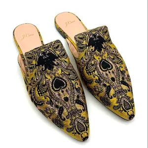 Excellent Used Pair J. Crew Marina Marigold/Black Brocade Pointed Toe Flat Mule