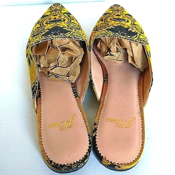 Excellent Used Pair J. Crew Marina Marigold/Black Brocade Pointed Toe Flat Mule