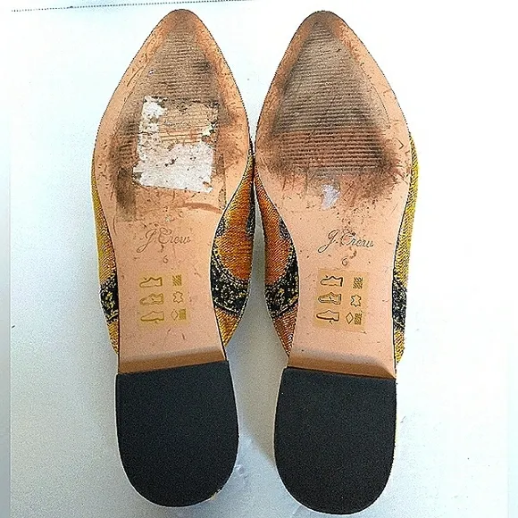 Excellent Used Pair J. Crew Marina Marigold/Black Brocade Pointed Toe Flat Mule