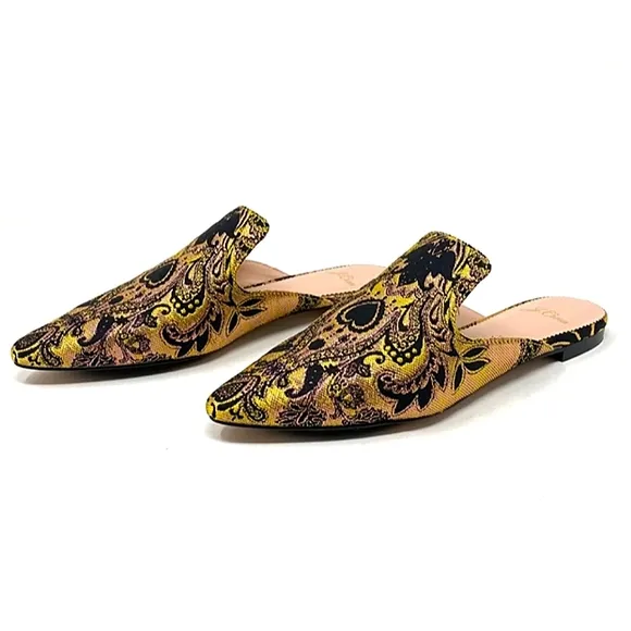 Excellent Used Pair J. Crew Marina Marigold/Black Brocade Pointed Toe Flat Mule