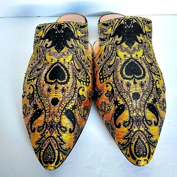 Excellent Used Pair J. Crew Marina Marigold/Black Brocade Pointed Toe Flat Mule