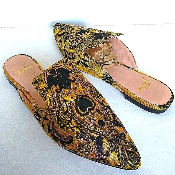 Excellent Used Pair J. Crew Marina Marigold/Black Brocade Pointed Toe Flat Mule