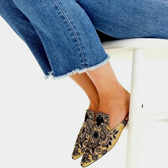 Excellent Used Pair J. Crew Marina Marigold/Black Brocade Pointed Toe Flat Mule