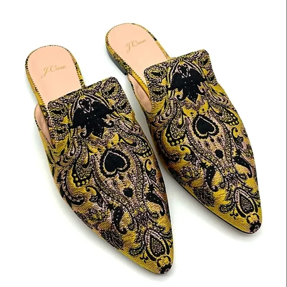 Excellent Used Pair J. Crew Marina Marigold/Black Brocade Pointed Toe Flat Mule