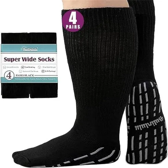 Extra Width Socks for Swollen Feet-4 Pairs Hospital Grip Socks,Bariatric Socks