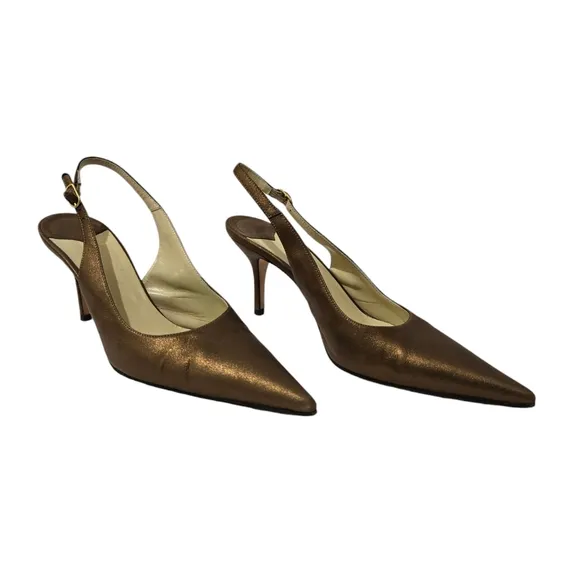 Faconnable Bronze Gold Pointed Toe Slingback Heels 6.5