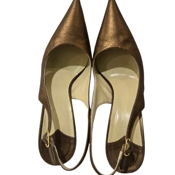 Faconnable Bronze Gold Pointed Toe Slingback Heels 6.5