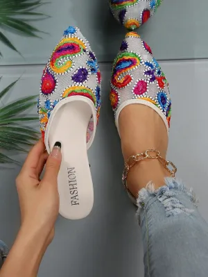 Fashion Flats For Women, Colorblock Embroidery Detail Point Toe Flat Mules