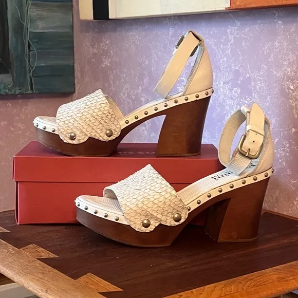 Felmini Python Leather Platform Clogs with Wooden Heel and ankle straps