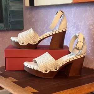 Felmini Python Leather Platform Clogs with Wooden Heel and ankle straps