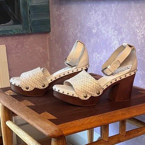 Felmini Python Leather Platform Clogs with Wooden Heel and ankle straps