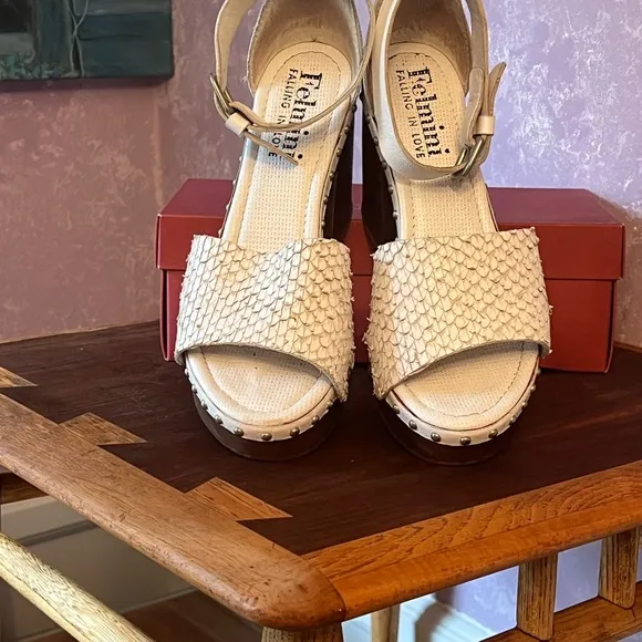 Felmini Python Leather Platform Clogs with Wooden Heel and ankle straps