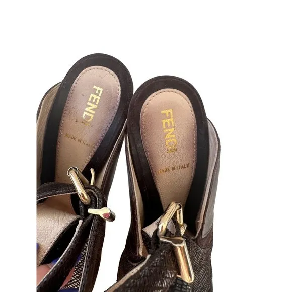 FENDI Brown Suede Leather Platform Slingback Heels Size 37/7