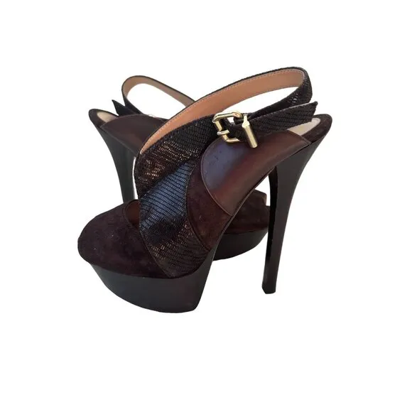 FENDI Brown Suede Leather Platform Slingback Heels Size 37/7