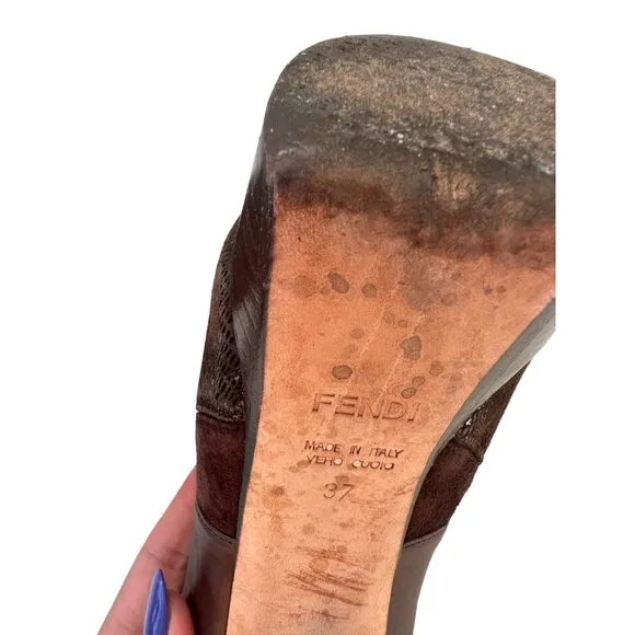 FENDI Brown Suede Leather Platform Slingback Heels Size 37/7