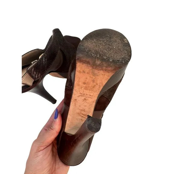 FENDI Brown Suede Leather Platform Slingback Heels Size 37/7