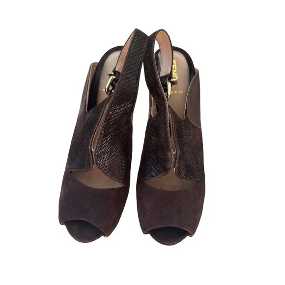 FENDI Brown Suede Leather Platform Slingback Heels Size 37/7