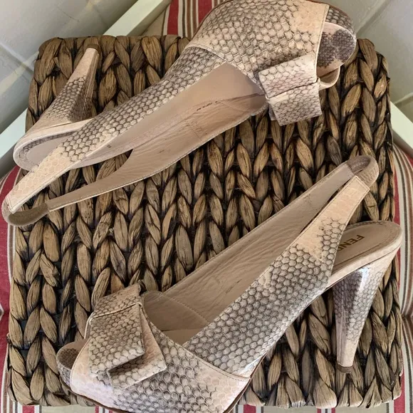 Fendi Snake Skin Slingback Pumps in Natural Cream