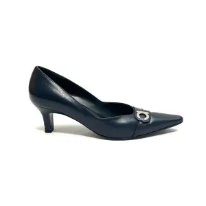 FERRAGAMO | Vintage Y2K midnight blue leather pointed toe kitten heels