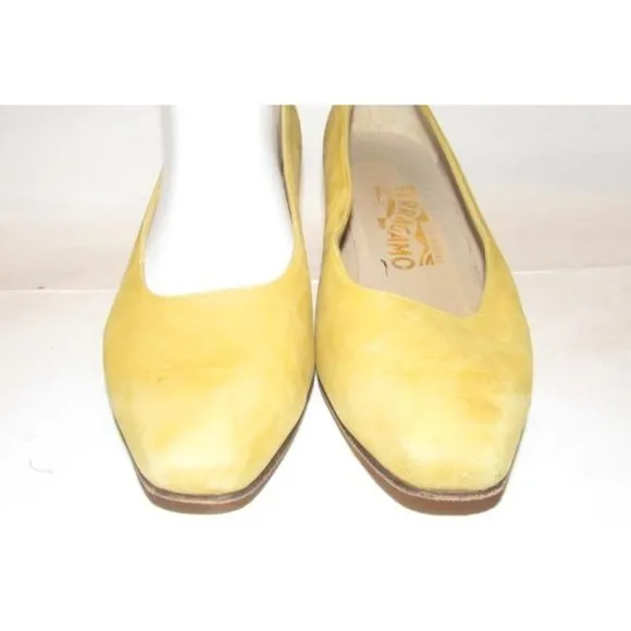 Ferragamo Yellow Suede Kitten Heels Pumps