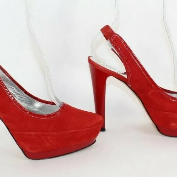 Fiorangelo $303 Sz 39 Red Suede Leather Platform Slingback 4.75&quot; Heels