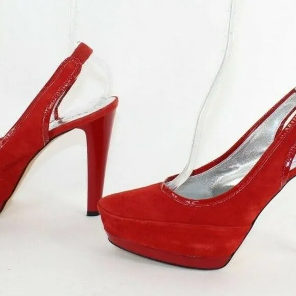 Fiorangelo $303 Sz 39 Red Suede Leather Platform Slingback 4.75&quot; Heels