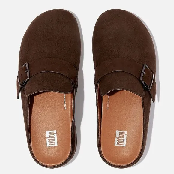Fitflop NEW SHUV Buckle-Strap Leather Clogs Women's Size 9 in Brown Mix