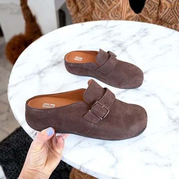 Fitflop NEW SHUV Buckle-Strap Leather Clogs Women's Size 9 in Brown Mix