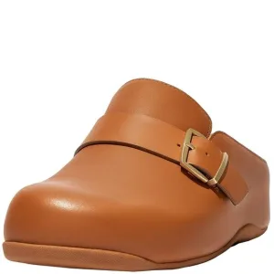 FitFlop Shuv Buckle-Strap Leather Clogs Light Tan 5 M (B)