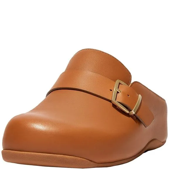 FitFlop Shuv Buckle-Strap Leather Clogs Light Tan 5 M (B)