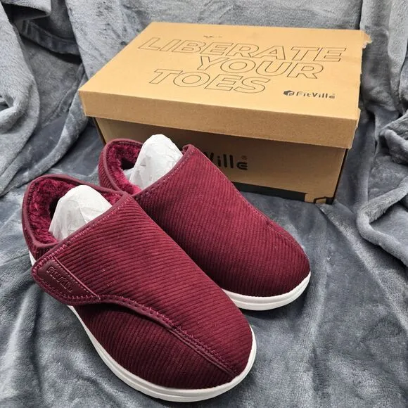 FitVille EasyTop Diabetic Slippers Women's 8.5EW Burgundy Wide Fit New