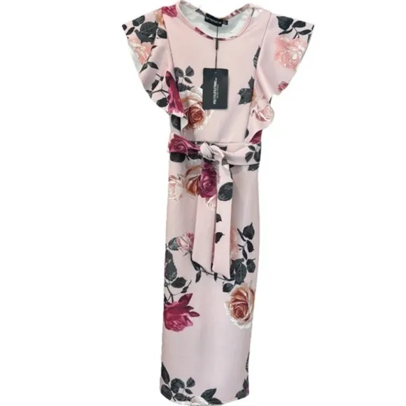 Floral Print Ruffle Detail Midi Dress Romantic Flowers Dusty Rose Pink Size 4