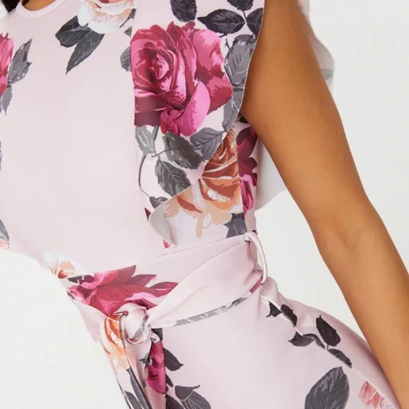 Floral Print Ruffle Detail Midi Dress Romantic Flowers Dusty Rose Pink Size 4