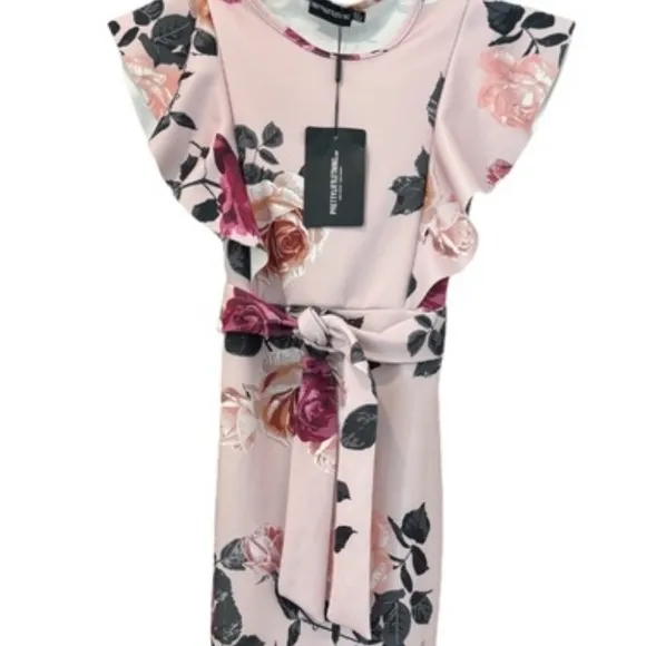 Floral Print Ruffle Detail Midi Dress Romantic Flowers Dusty Rose Pink Size 4