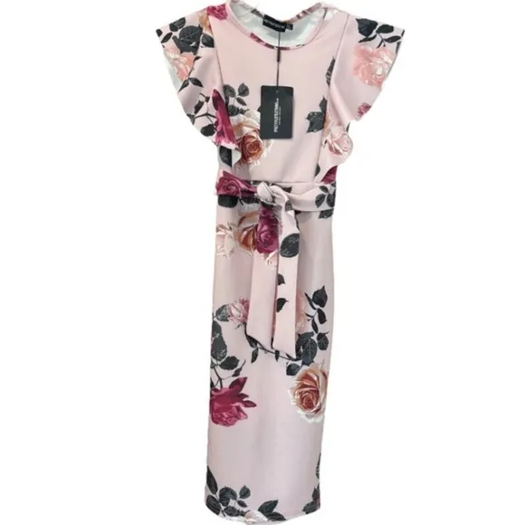 Floral Print Ruffle Detail Midi Dress Romantic Flowers Dusty Rose Pink Size 4