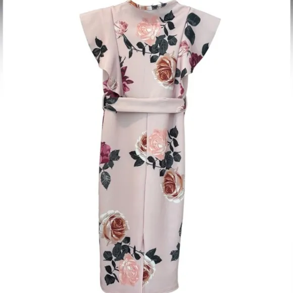 Floral Print Ruffle Detail Midi Dress Romantic Flowers Dusty Rose Pink Size 4