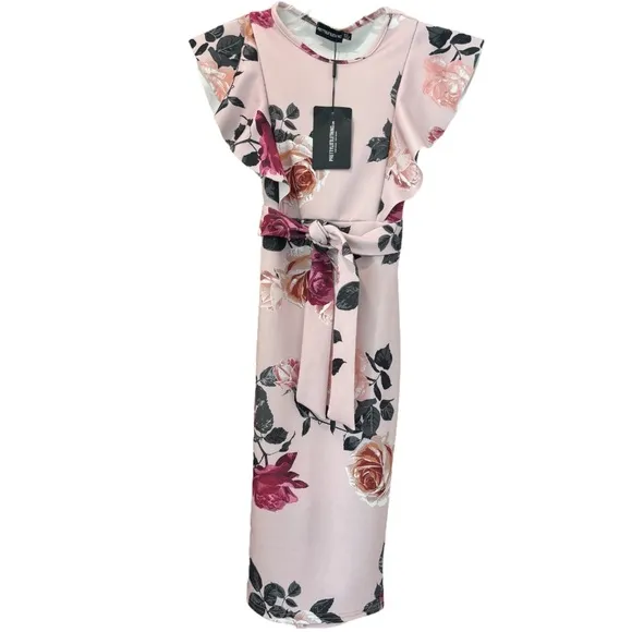 Floral Print Ruffle Detail Midi Dress Romantic Flowers Dusty Rose Pink Size 4
