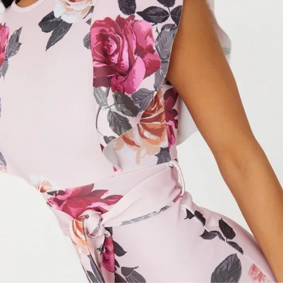 Floral Print Ruffle Detail Midi Dress Romantic Flowers Dusty Rose Pink Size 4