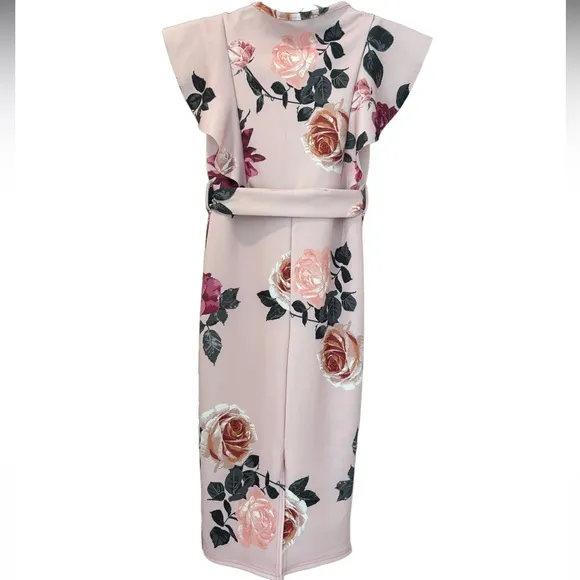 Floral Print Ruffle Detail Midi Dress Romantic Flowers Dusty Rose Pink Size 4