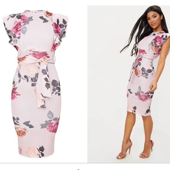 Floral Print Ruffle Detail Midi Dress Romantic Flowers Dusty Rose Pink Size 4